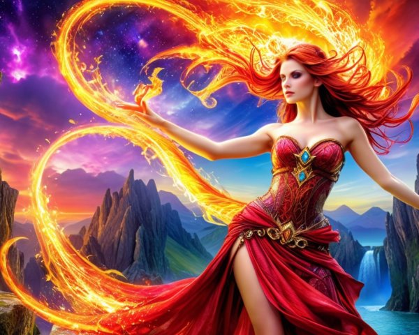 Mystical woman with flames in a vibrant landscape