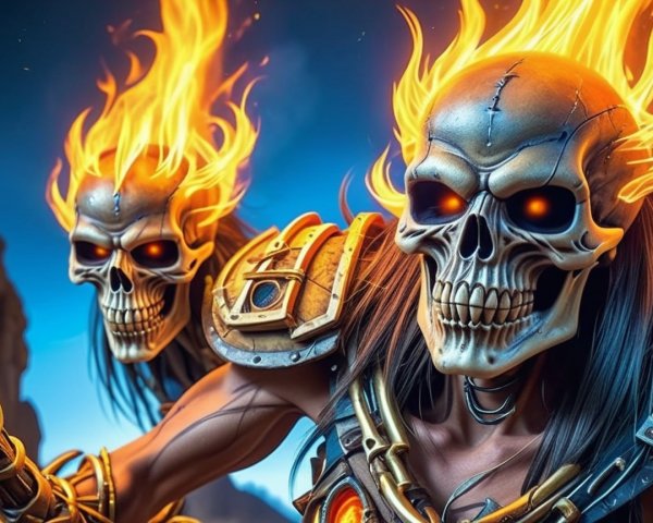 Skeletal Figures with Fiery Heads and Armor