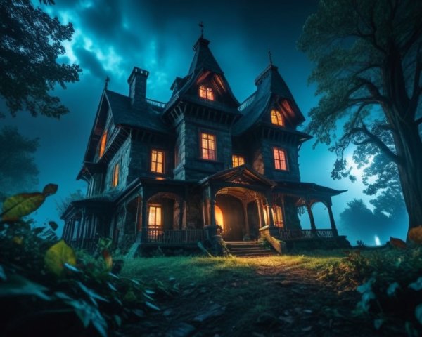 Gothic mansion under moonlight with eerie atmosphere