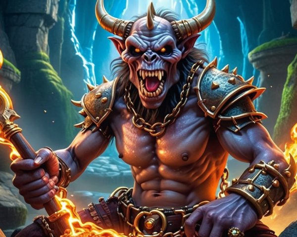 Muscular blue-skinned demon in a mystical cave setting