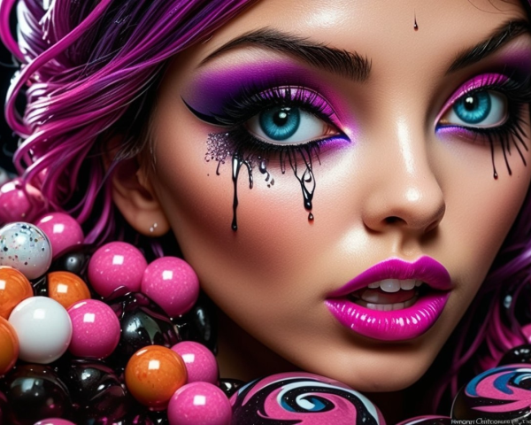 Close-up of a woman with pink hair and bold makeup