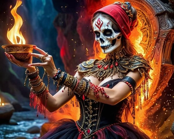 Mystical figure in black gown with skull face paint