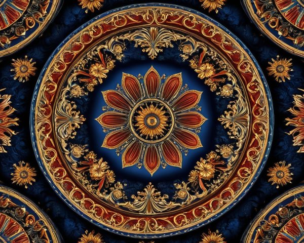 Symmetrical Floral Motifs in Gold, Red, and Blue