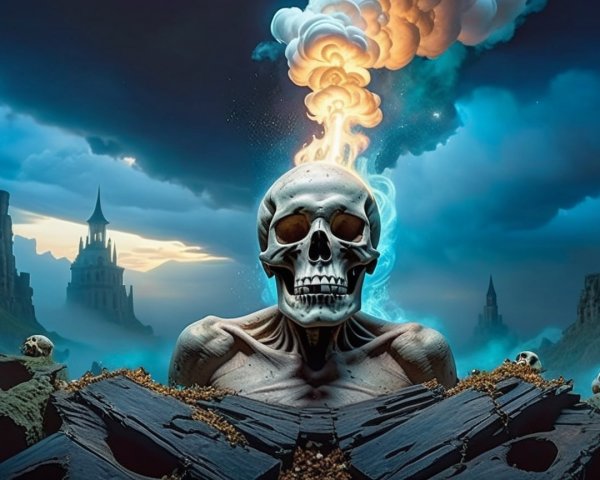 Skull with Colorful Smoke in Eerie Landscape Scene