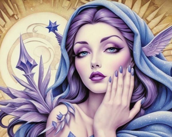 Ethereal Woman with Lavender Hair and Floral Motifs