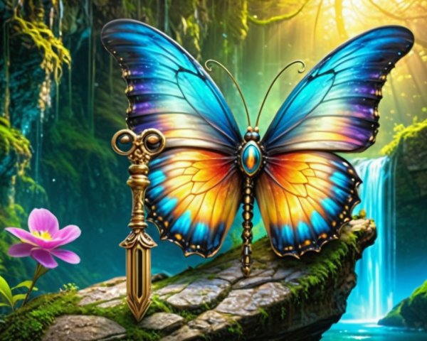 Butterfly and Golden Key by a Serene Waterfall
