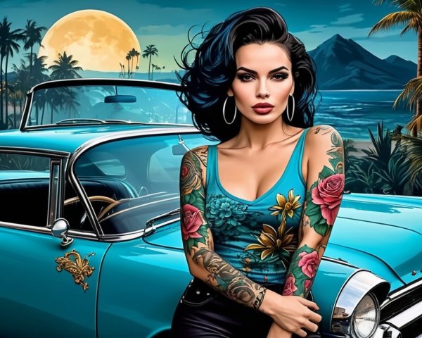 Stylish Woman with Tattoos by Vintage Turquoise Car