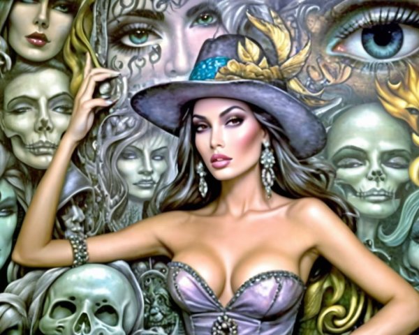 Striking Woman in Vibrant, Intricate Scene with Mystery