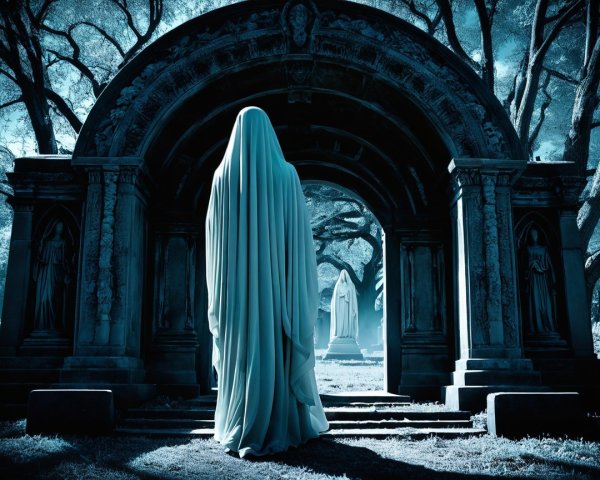 Cloaked Figure at Ornate Archway in Eerie Cemetery