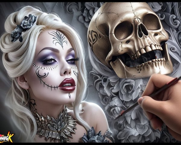 Portrait of a woman with sugar skull makeup and flowers
