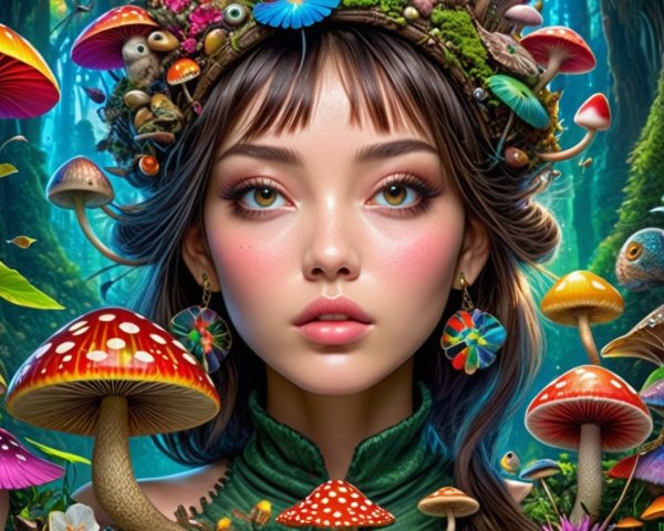 Young Woman in Moss Crown Surrounded by Colorful Mushrooms