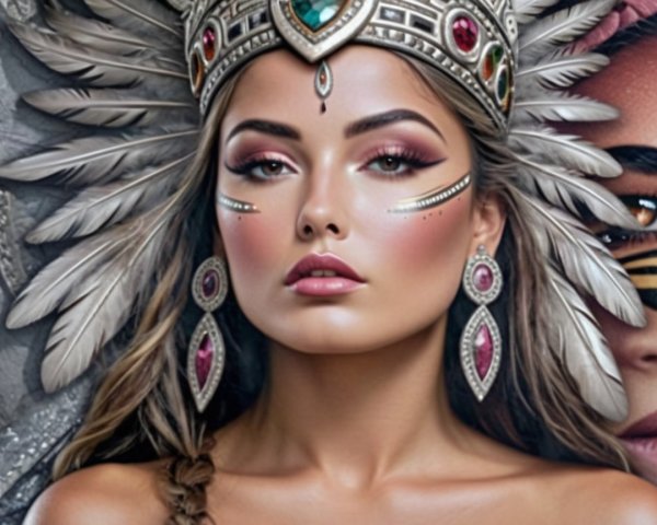 Portrait of a Woman with Feathered Headgear and Jewelry