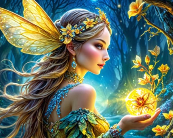 Mystical fairy in enchanting forest with glowing orb