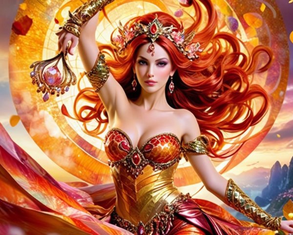 Fantasy Figure with Red Hair and Jewel-Adorned Costume