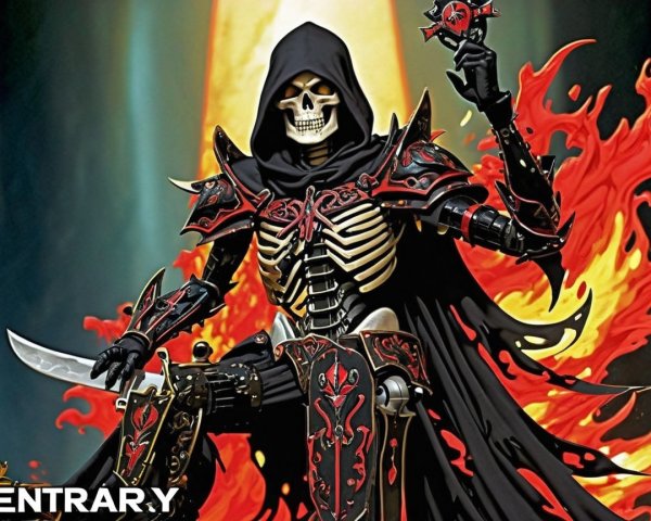 Skeletal Figure in Black and Red Armor on Throne of Flames