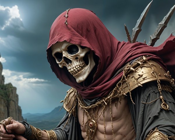 Mysterious Figure in Dark Robes Against Dramatic Sky