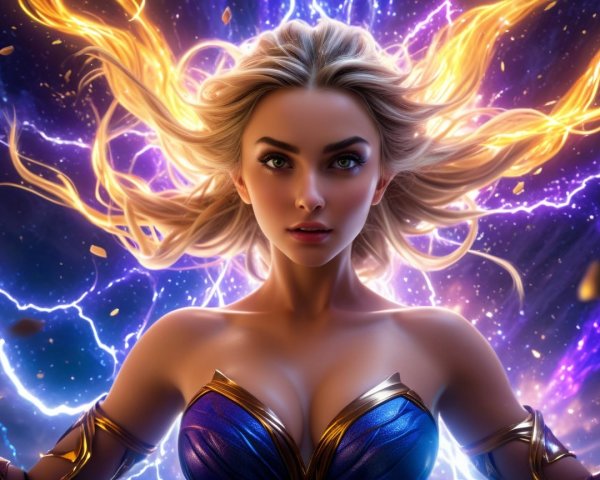 Confident Female Figure with Cosmic Energy Background