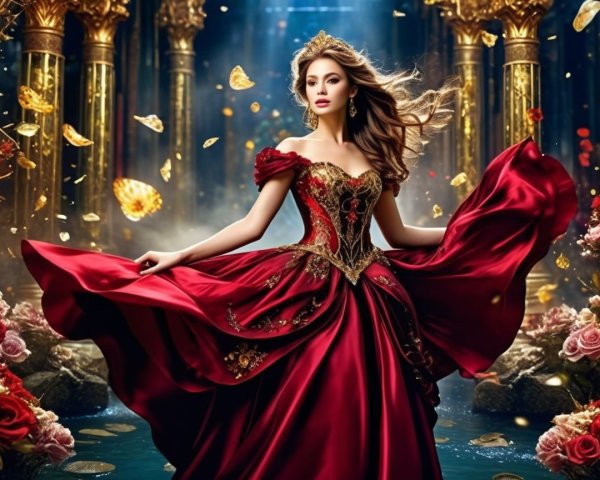 Elegant Woman in Off-Shoulder Red Gown Surrounded by Flowers