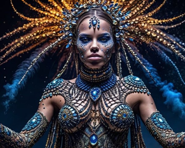 Adorned Figure with Body Art and Vibrant Colors