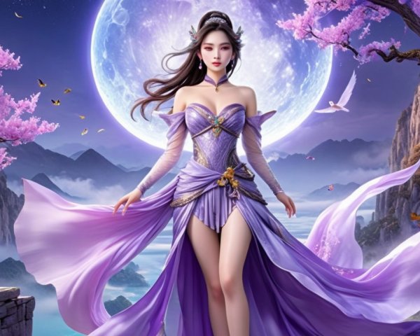 Graceful Figure in Fantasy Landscape Under Full Moon