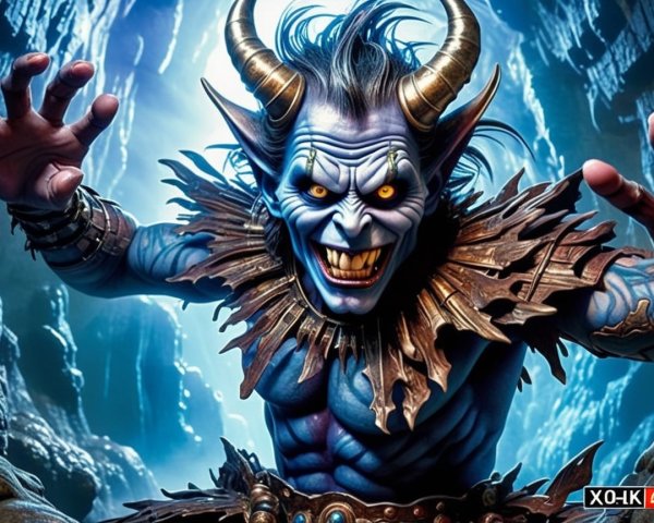 Fierce Blue-Skinned Creature in Dramatic Cave Setting