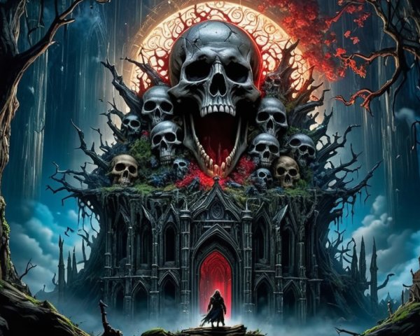 Dark Tower with Skulls in Surreal Forest Setting