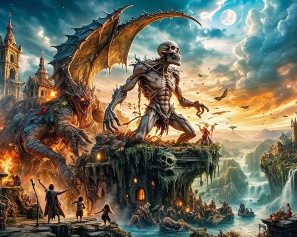 Dark Fantasy Scene with Skeletal Figure and Creatures