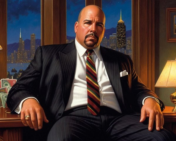 Confident Man in Tailored Suit at Desk with Skyline