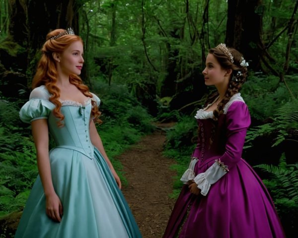Princesses in Elegant Gowns in a Lush Forest Setting