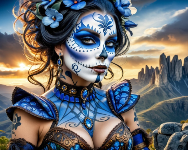 Female figure in Day of the Dead makeup in landscape