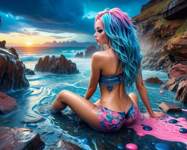 Woman with Pink and Blue Hair in Rocky Lagoon