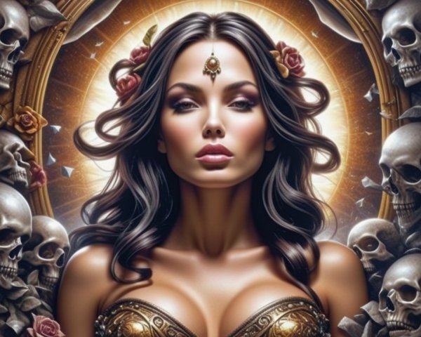 Striking Woman with Roses and Golden Halo Design