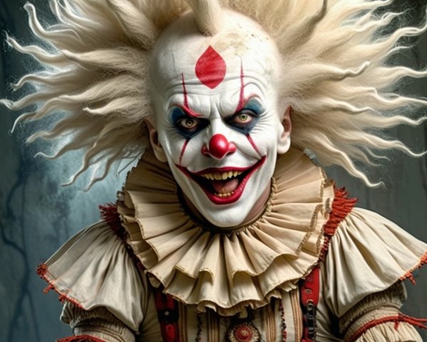 Eerie Clown with Frizzy Hair and Sinister Grin