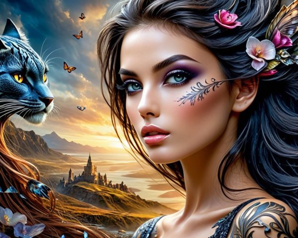 Mystical Woman with Floral Elements and Blue Cat