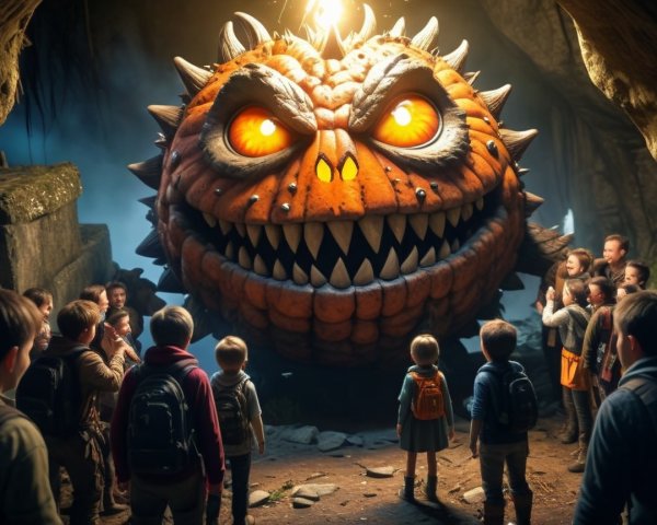 Giant Pumpkin Creature in Dim Cave with Children