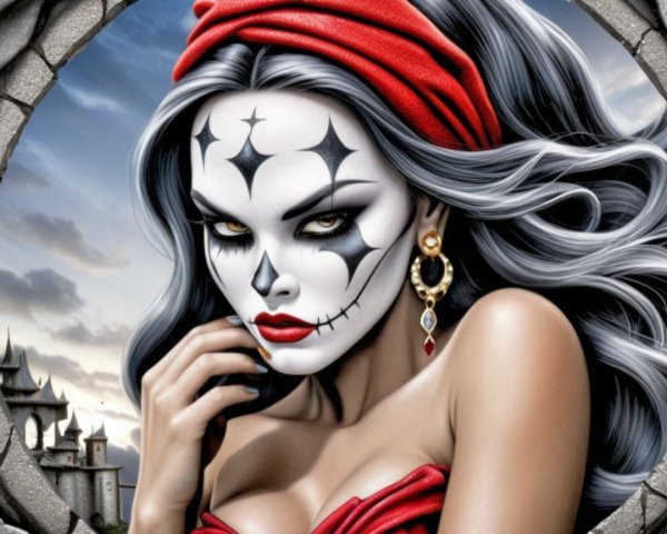 Elaborate Face Paint and Gothic Architecture Scene