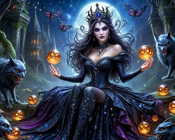 Mystical Dark Queen in Moonlit Forest with Pumpkins