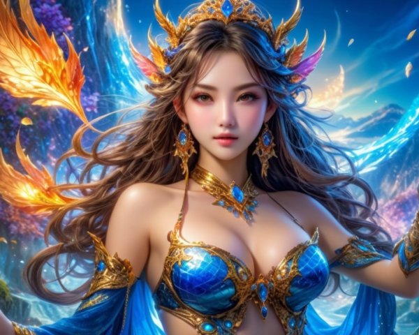 Radiant figure in vibrant fantasy landscape with wings