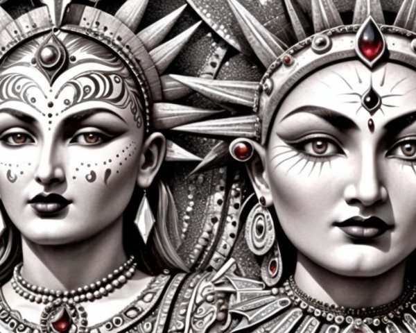 Intricate Female Figures with Jewelry and Motifs