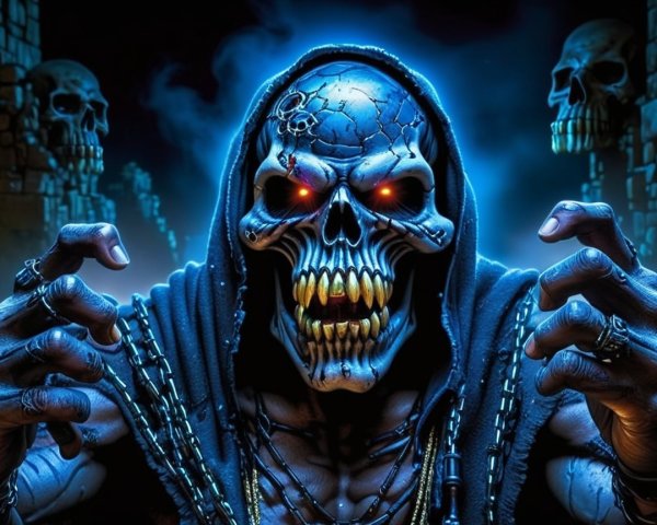 Skeleton Figure with Red Eyes in Dark Atmosphere