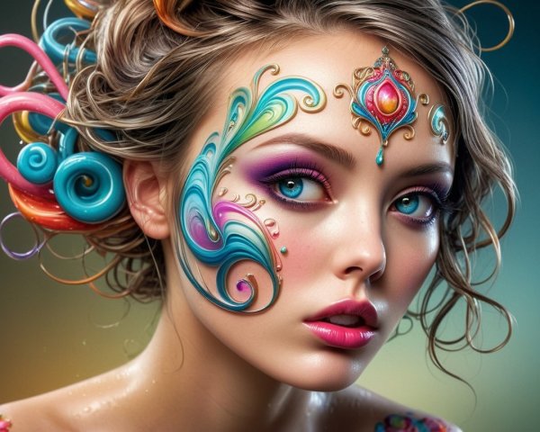 Portrait of a Woman with Intricate Face Art and Hair