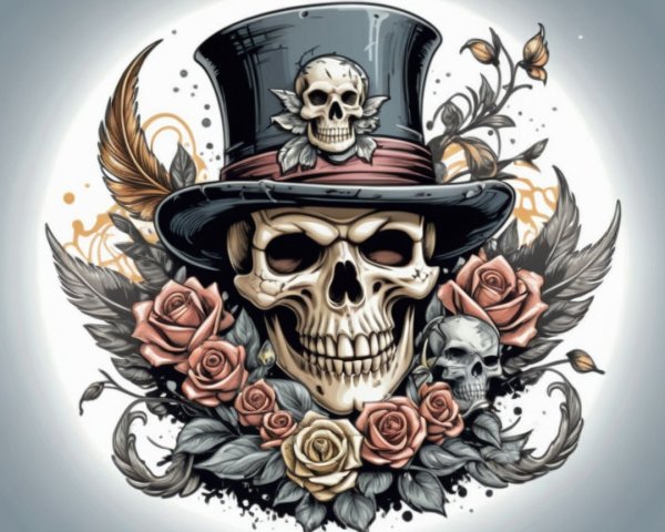 Skull with Top Hat Surrounded by Floral Elements