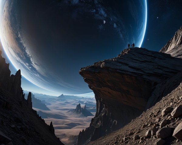 Alien Landscape with Rocky Cliffs and Starry Sky