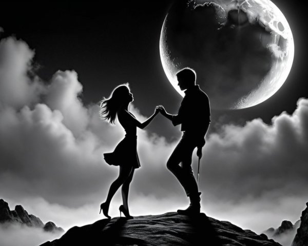 Romantic Silhouette of Couple Against Dramatic Moonlight
