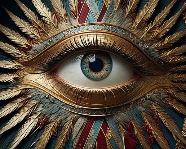 Ornate Eye Surrounded by Intricate Feathers and Colors