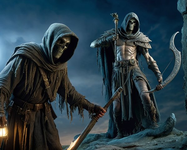 Skeletal Figures in Dark Landscape with Lantern and Scythe