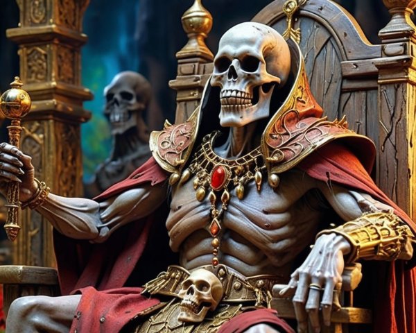 Regal Skeleton on Throne with Opulent Cloak and Jewelry