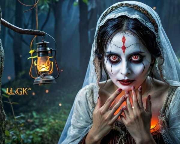Haunting Figure in Dark Forest with Lantern Glow