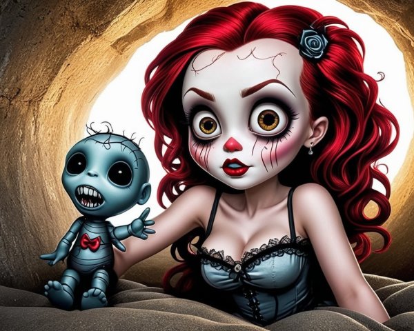 Whimsical Eerie Scene with Red-Haired Girl and Doll