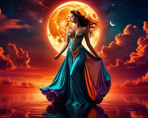 Turquoise Gown Under Full Moon and Orange Clouds